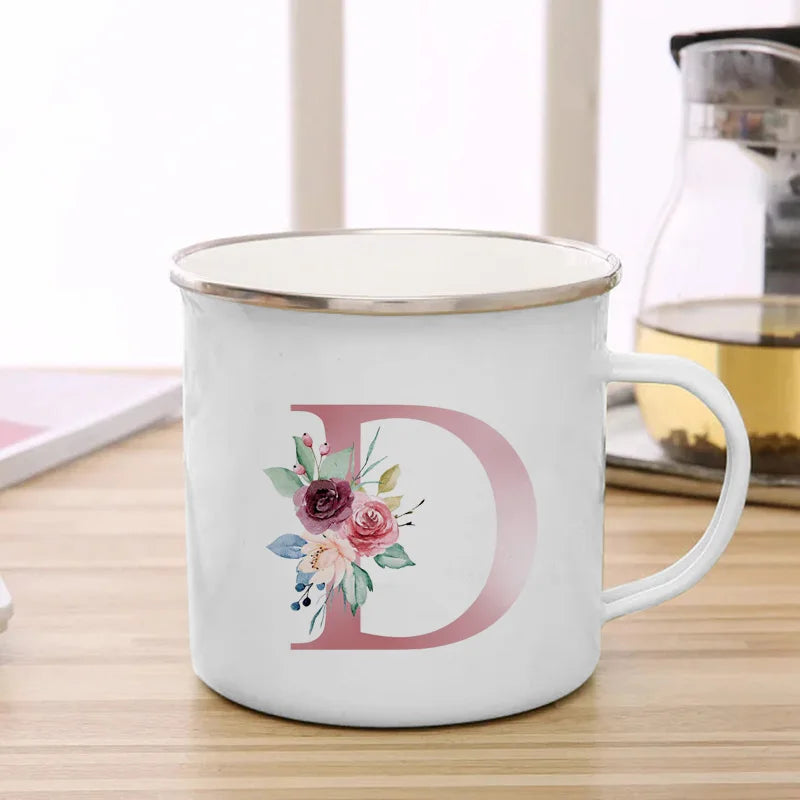 26 Initials Pink Letter Flowers Print Enamel Mug Coffee Mugs Cups for Coffee and Tea Unusual Tea Cup Personalized Gift Cupshe