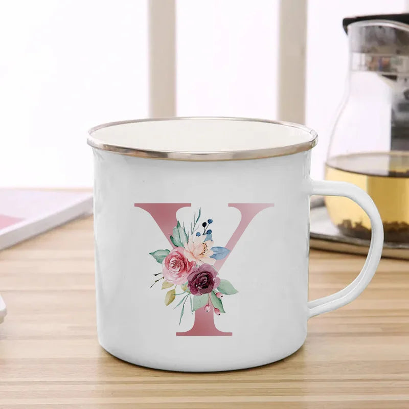 26 Initials Pink Letter Flowers Print Enamel Mug Coffee Mugs Cups for Coffee and Tea Unusual Tea Cup Personalized Gift Cupshe