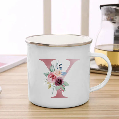 26 Initials Pink Letter Flowers Print Enamel Mug Coffee Mugs Cups for Coffee and Tea Unusual Tea Cup Personalized Gift Cupshe