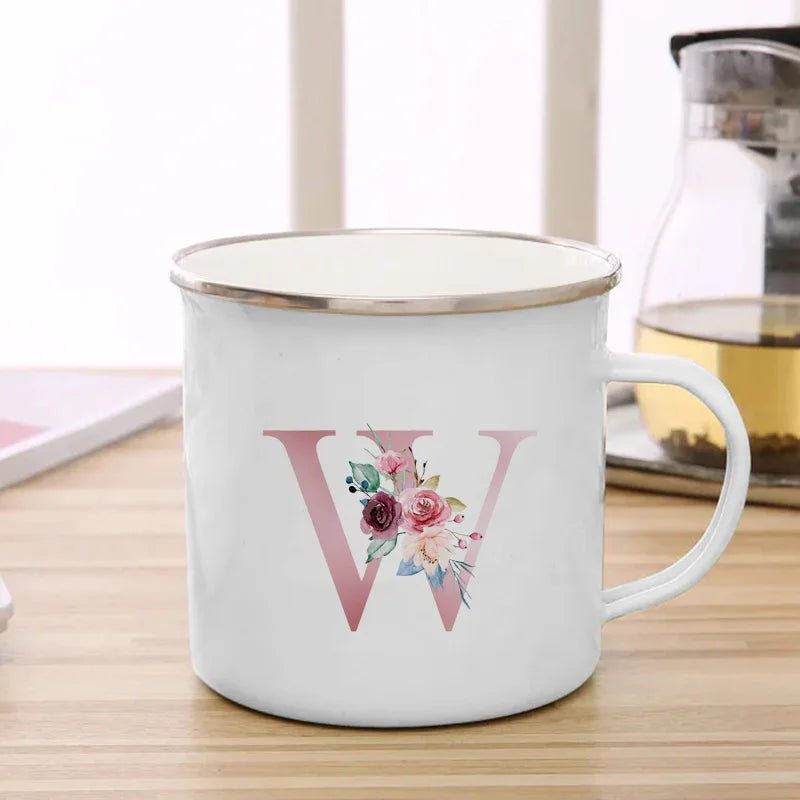 26 Initials Pink Letter Flowers Print Enamel Mug Coffee Mugs Cups for Coffee and Tea Unusual Tea Cup Personalized Gift Cupshe