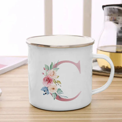 26 Initials Pink Letter Flowers Print Enamel Mug Coffee Mugs Cups for Coffee and Tea Unusual Tea Cup Personalized Gift Cupshe
