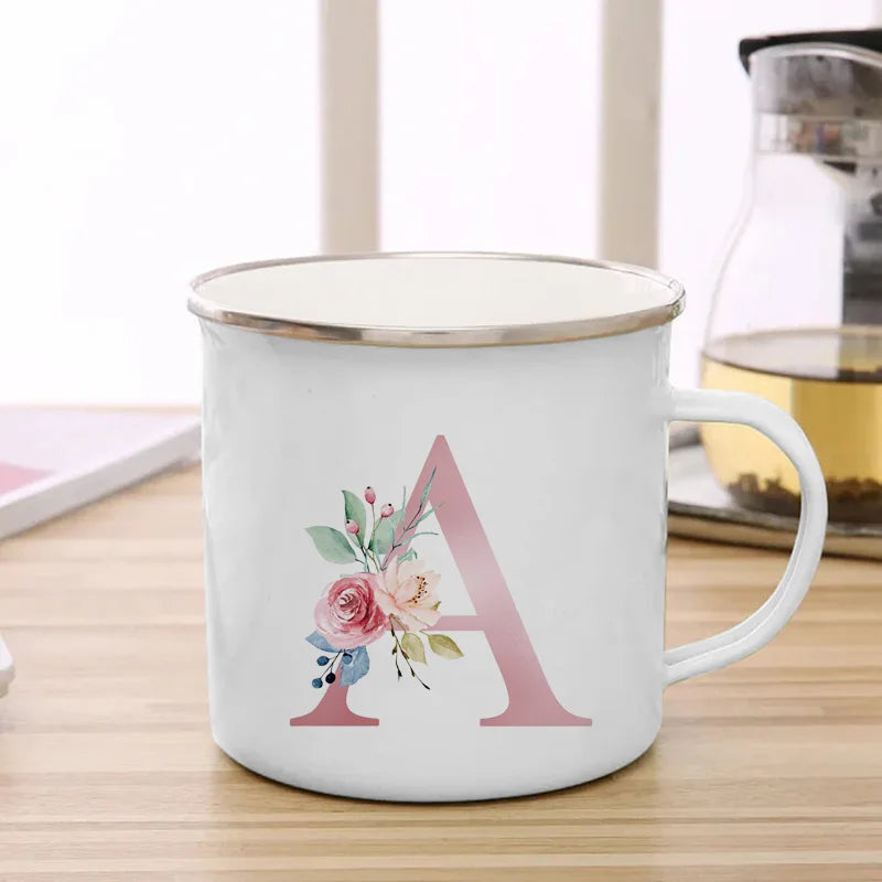 26 Initials Pink Letter Flowers Print Enamel Mug Coffee Mugs Cups for Coffee and Tea Unusual Tea Cup Personalized Gift Cupshe