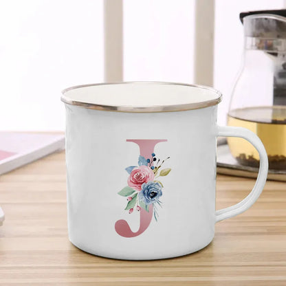 26 Initials Pink Letter Flowers Print Enamel Mug Coffee Mugs Cups for Coffee and Tea Unusual Tea Cup Personalized Gift Cupshe