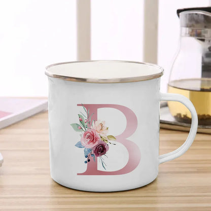 26 Initials Pink Letter Flowers Print Enamel Mug Coffee Mugs Cups for Coffee and Tea Unusual Tea Cup Personalized Gift Cupshe