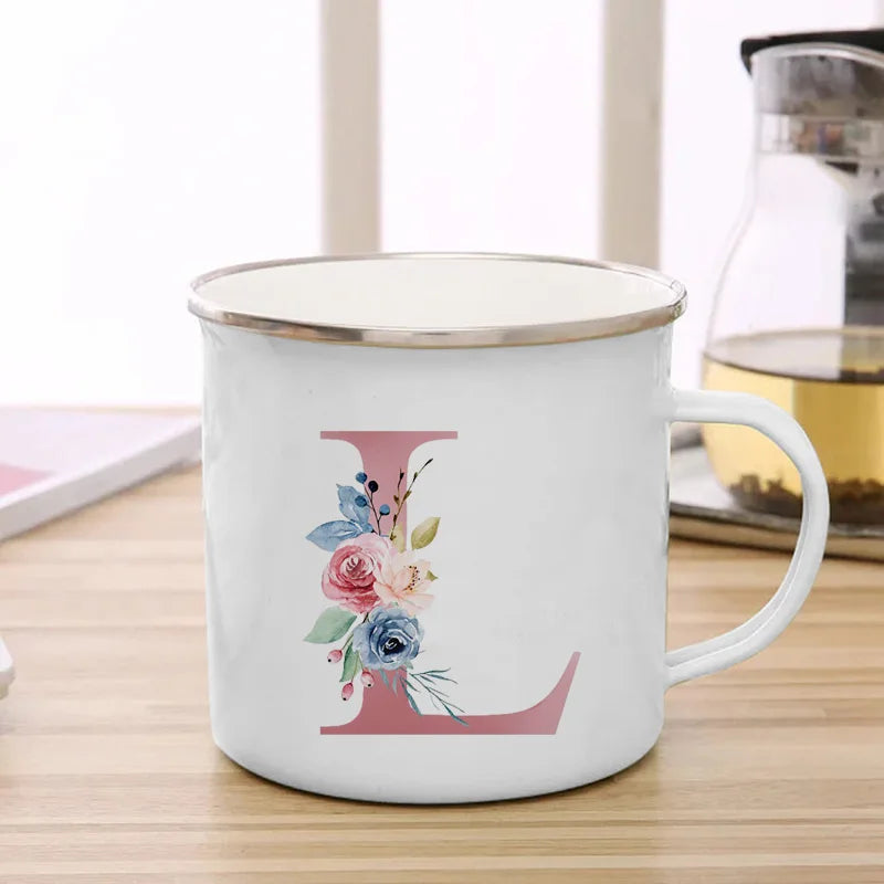 26 Initials Pink Letter Flowers Print Enamel Mug Coffee Mugs Cups for Coffee and Tea Unusual Tea Cup Personalized Gift Cupshe