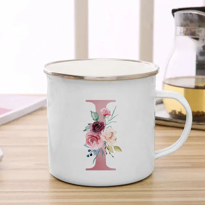 26 Initials Pink Letter Flowers Print Enamel Mug Coffee Mugs Cups for Coffee and Tea Unusual Tea Cup Personalized Gift Cupshe