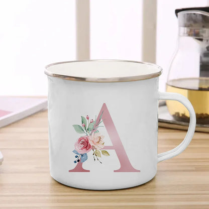 26 Initials Pink Letter Flowers Print Enamel Mug Coffee Mugs Cups for Coffee and Tea Unusual Tea Cup Personalized Gift Cupshe