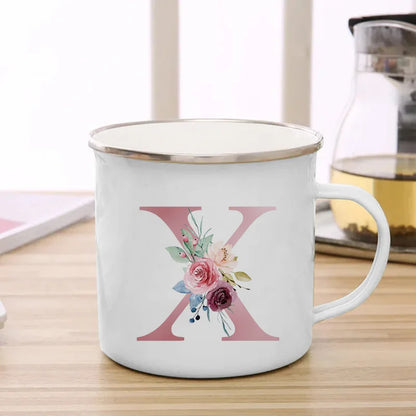 26 Initials Pink Letter Flowers Print Enamel Mug Coffee Mugs Cups for Coffee and Tea Unusual Tea Cup Personalized Gift Cupshe
