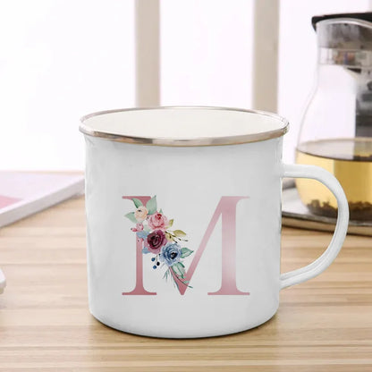 26 Initials Pink Letter Flowers Print Enamel Mug Coffee Mugs Cups for Coffee and Tea Unusual Tea Cup Personalized Gift Cupshe