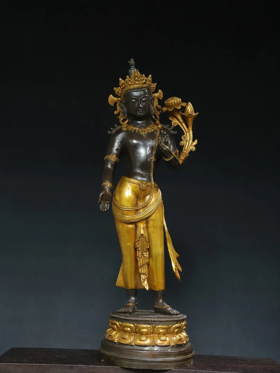 26"Tibet Temple Collection Old Bronze Gilded Cinnabar Mud gold Free Tara Standing Buddha Double Lotus Platform Town house