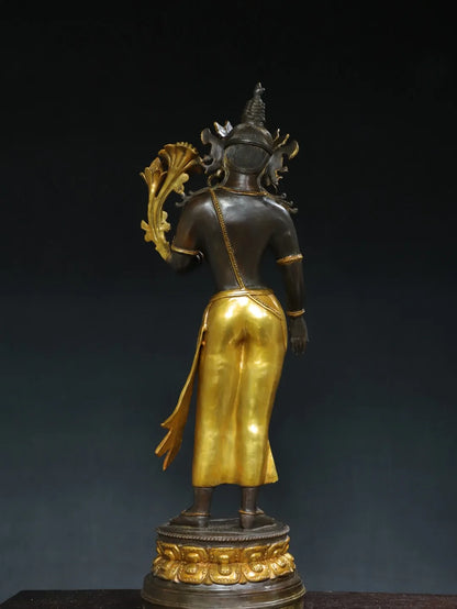 26"Tibet Temple Collection Old Bronze Gilded Cinnabar Mud gold Free Tara Standing Buddha Double Lotus Platform Town house