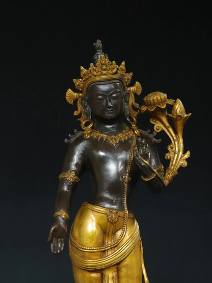 26"Tibet Temple Collection Old Bronze Gilded Cinnabar Mud gold Free Tara Standing Buddha Double Lotus Platform Town house