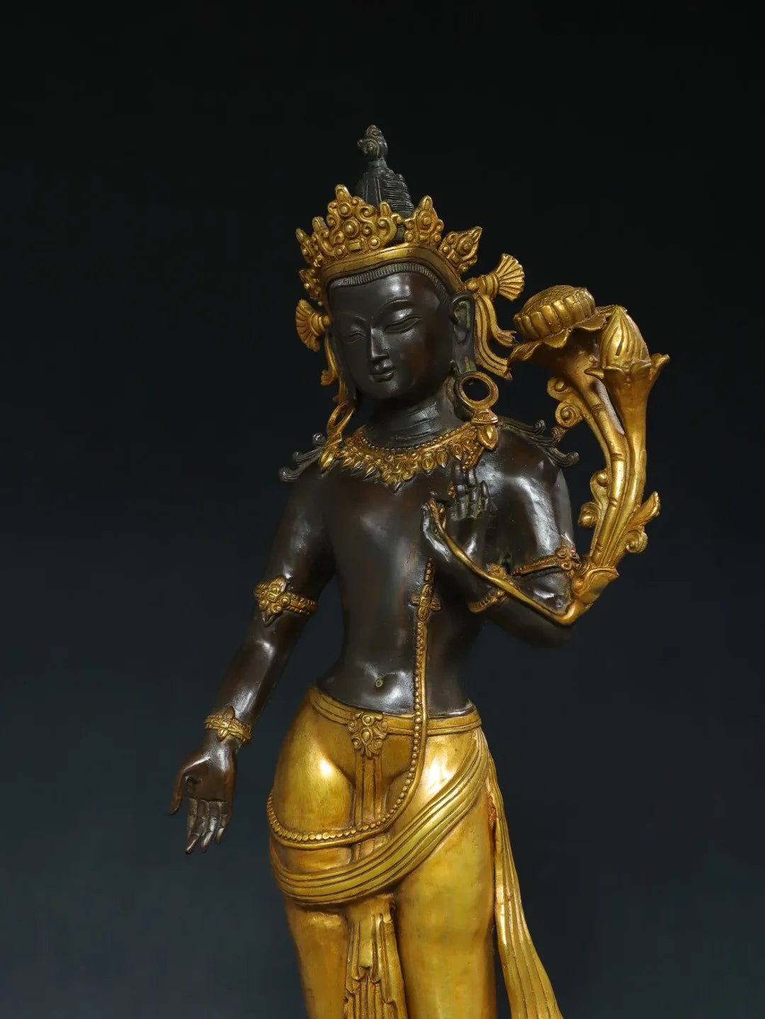26"Tibet Temple Collection Old Bronze Gilded Cinnabar Mud gold Free Tara Standing Buddha Double Lotus Platform Town house
