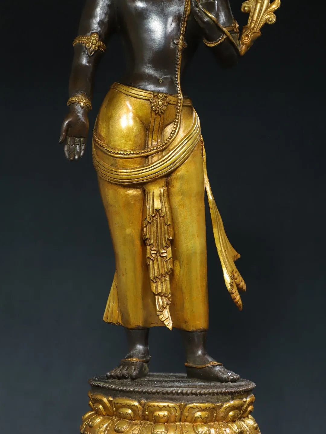 26"Tibet Temple Collection Old Bronze Gilded Cinnabar Mud gold Free Tara Standing Buddha Double Lotus Platform Town house