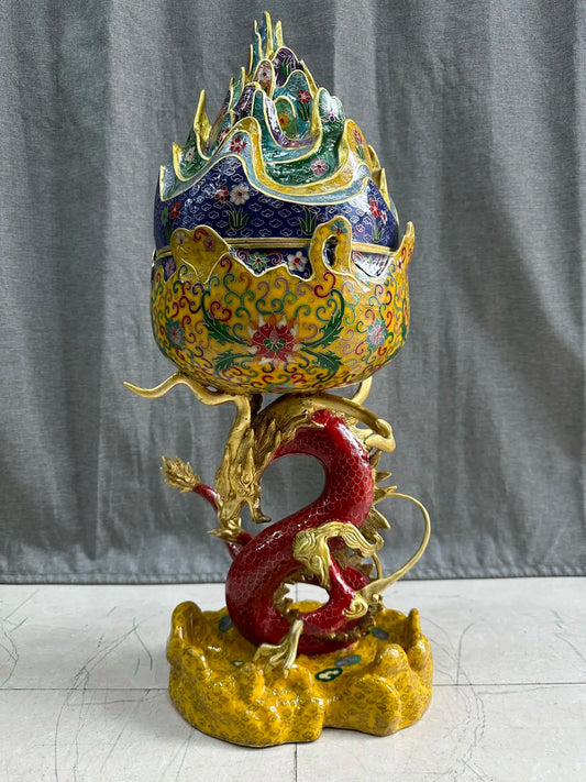26"Tibetan Temple Collection Old Bronze Cloisonne Enamel Flower Texture Dragon Statue Boshan Censer incensory Worship Hall