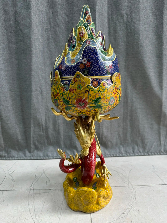 26"Tibetan Temple Collection Old Bronze Cloisonne Enamel Flower Texture Dragon Statue Boshan Censer incensory Worship Hall
