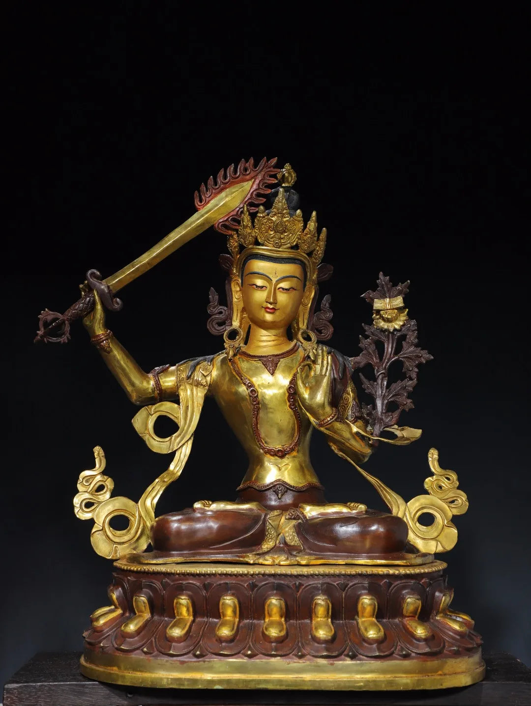 26"Tibetan Temple Collection Old Bronze Gilded Painted Face Cinnaba Manjushri Bodhisattva Buddha Lotus Terrace Worship Hall