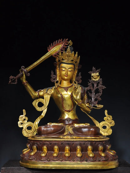 26"Tibetan Temple Collection Old Bronze Gilded Painted Face Cinnaba Manjushri Bodhisattva Buddha Lotus Terrace Worship Hall