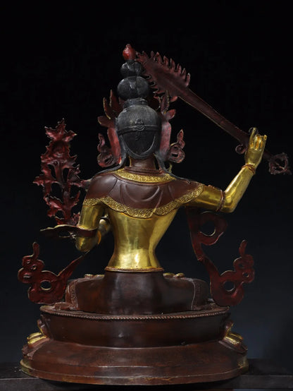 26"Tibetan Temple Collection Old Bronze Gilded Painted Face Cinnaba Manjushri Bodhisattva Buddha Lotus Terrace Worship Hall