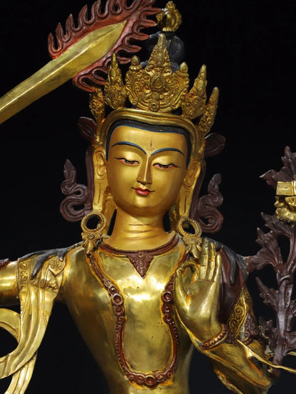 26"Tibetan Temple Collection Old Bronze Gilded Painted Face Cinnaba Manjushri Bodhisattva Buddha Lotus Terrace Worship Hall