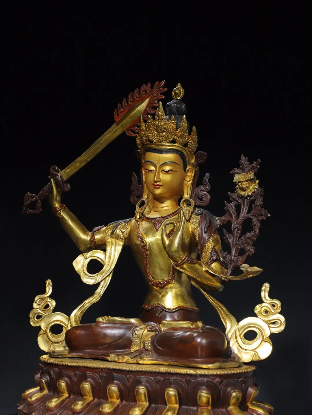 26"Tibetan Temple Collection Old Bronze Gilded Painted Face Cinnaba Manjushri Bodhisattva Buddha Lotus Terrace Worship Hall