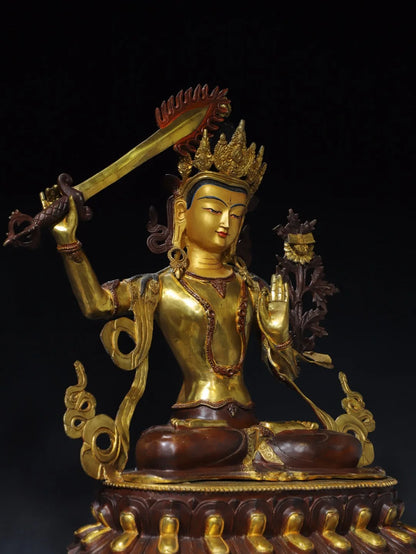 26"Tibetan Temple Collection Old Bronze Gilded Painted Face Cinnaba Manjushri Bodhisattva Buddha Lotus Terrace Worship Hall