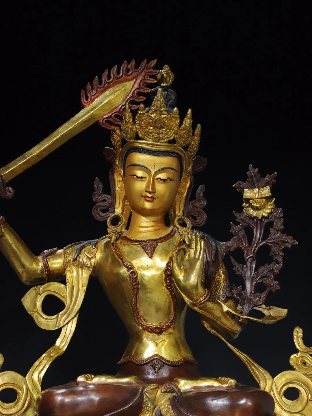 26"Tibetan Temple Collection Old Bronze Gilded Painted Face Cinnaba Manjushri Bodhisattva Buddha Lotus Terrace Worship Hall