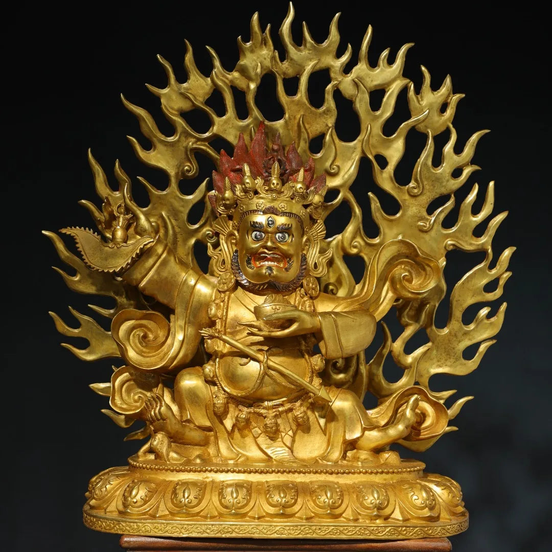 26"Tibetan Temple Collection Old Bronze Gilded Painted Face Mahakala Sitting Buddha Backlight Lotus Terrace Worship Hall
