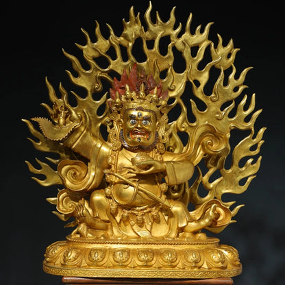 26"Tibetan Temple Collection Old Bronze Gilded Painted Face Mahakala Sitting Buddha Backlight Lotus Terrace Worship Hall