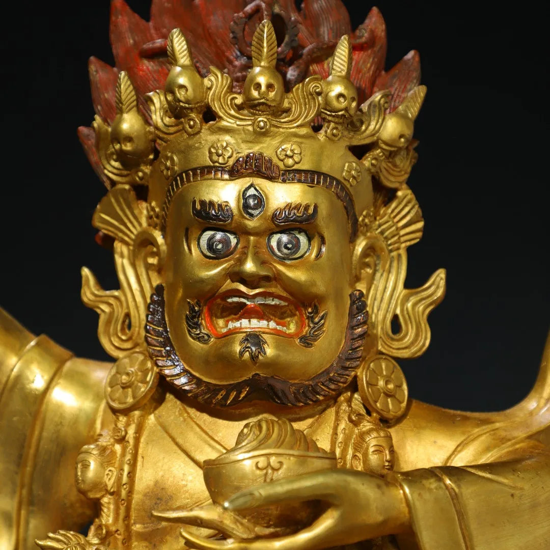 26"Tibetan Temple Collection Old Bronze Gilded Painted Face Mahakala Sitting Buddha Backlight Lotus Terrace Worship Hall