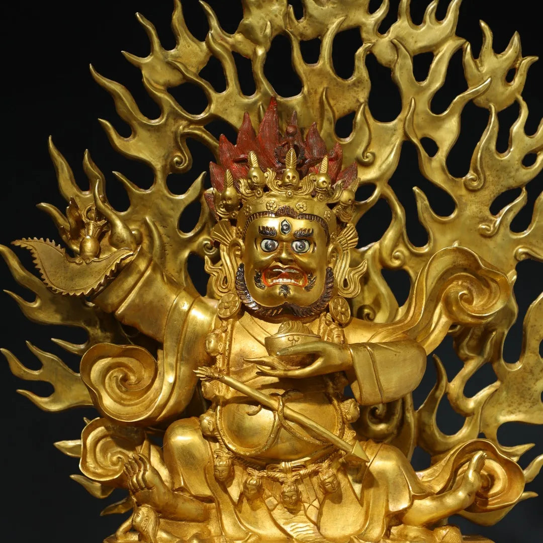 26"Tibetan Temple Collection Old Bronze Gilded Painted Face Mahakala Sitting Buddha Backlight Lotus Terrace Worship Hall