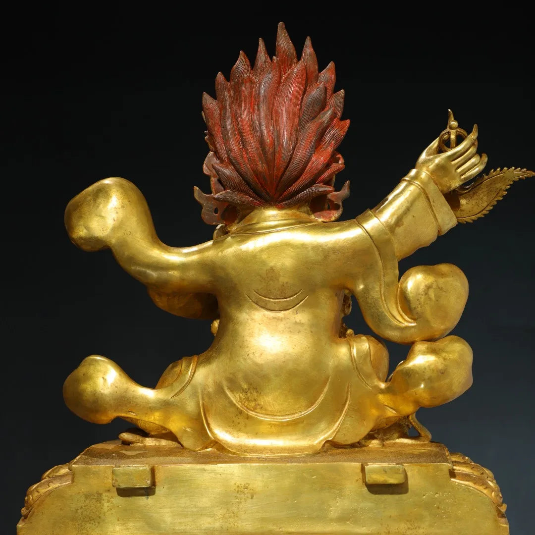 26"Tibetan Temple Collection Old Bronze Gilded Painted Face Mahakala Sitting Buddha Backlight Lotus Terrace Worship Hall