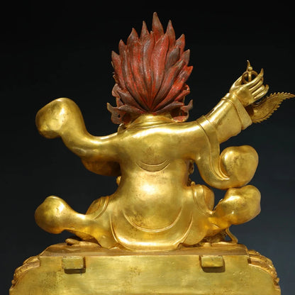 26"Tibetan Temple Collection Old Bronze Gilded Painted Face Mahakala Sitting Buddha Backlight Lotus Terrace Worship Hall