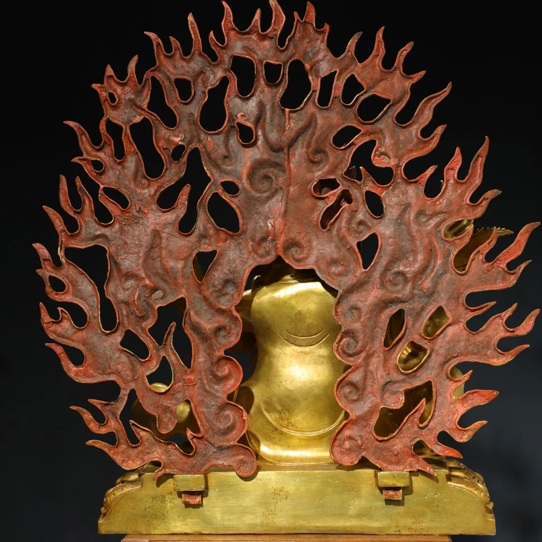 26"Tibetan Temple Collection Old Bronze Gilded Painted Face Mahakala Sitting Buddha Backlight Lotus Terrace Worship Hall