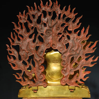26"Tibetan Temple Collection Old Bronze Gilded Painted Face Mahakala Sitting Buddha Backlight Lotus Terrace Worship Hall