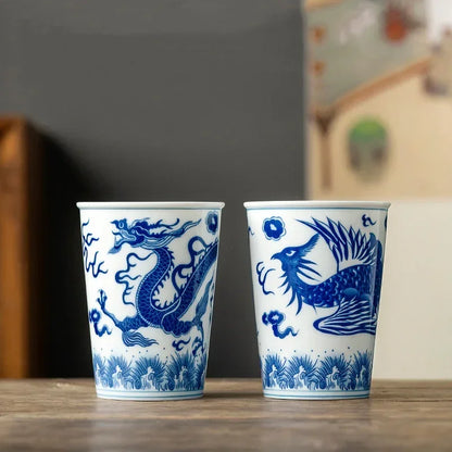 260ml Chinese Retro Style Blue and white dragon and phoenix pattern Ceramic Teacup Porcelain Coffee cup Ceramic cups