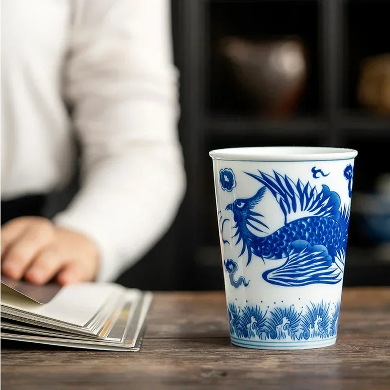260ml Chinese Retro Style Blue and white dragon and phoenix pattern Ceramic Teacup Porcelain Coffee cup Ceramic cups