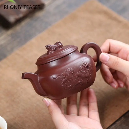 260ml Chinese Yixing High-end Purple Clay Teapots Famous Handmade Square Shape Dragon Pattern Tea Pot Kettle Zisha Tea Set