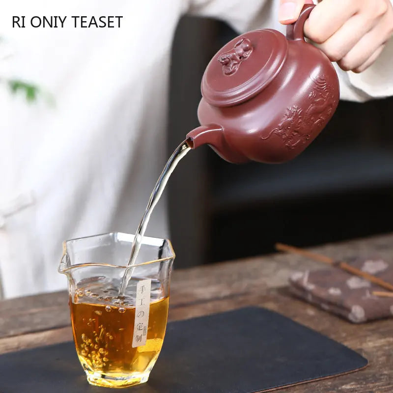 260ml Chinese Yixing High-end Purple Clay Teapots Famous Handmade Square Shape Dragon Pattern Tea Pot Kettle Zisha Tea Set