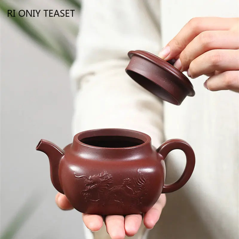 260ml Chinese Yixing High-end Purple Clay Teapots Famous Handmade Square Shape Dragon Pattern Tea Pot Kettle Zisha Tea Set