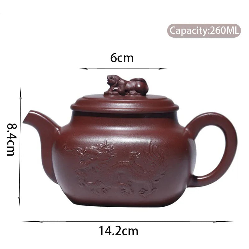 260ml Chinese Yixing High-end Purple Clay Teapots Famous Handmade Square Shape Dragon Pattern Tea Pot Kettle Zisha Tea Set