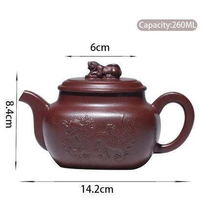 260ml Chinese Yixing High-end Purple Clay Teapots Famous Handmade Square Shape Dragon Pattern Tea Pot Kettle Zisha Tea Set