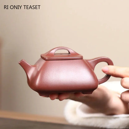 260ml Chinese Yixing High-end Purple Clay Teapots Handmade Square Stone Scoop Tea Pot Raw Ore Purple Mud Kettle Zisha Tea Set