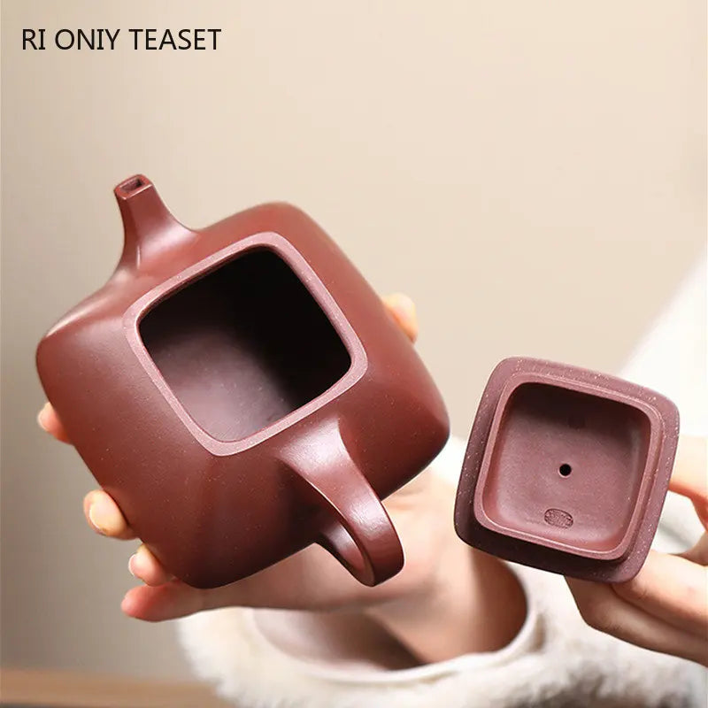 260ml Chinese Yixing High-end Purple Clay Teapots Handmade Square Stone Scoop Tea Pot Raw Ore Purple Mud Kettle Zisha Tea Set