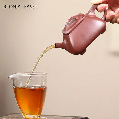 260ml Chinese Yixing High-end Purple Clay Teapots Handmade Square Stone Scoop Tea Pot Raw Ore Purple Mud Kettle Zisha Tea Set
