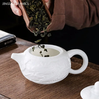 260ml Dragon Pattern Ceramic Tea Pot Chinese Ball Hole Filter Xishi Teapot Handmade White Porcelain Beauty Kettle Custom Tea Set