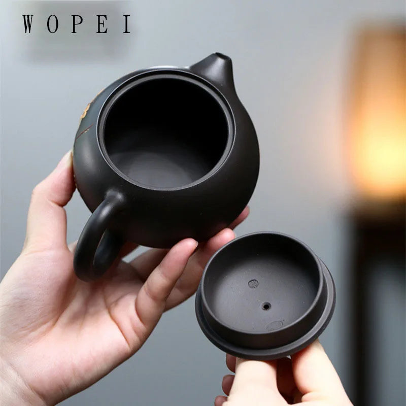 260ml Yixing Purple Clay Teapot Master Handmade Flower Pattern Xishi Tea Pot Raw Ore Black Mud Kettle Chinese Zisha Tea Set Gift