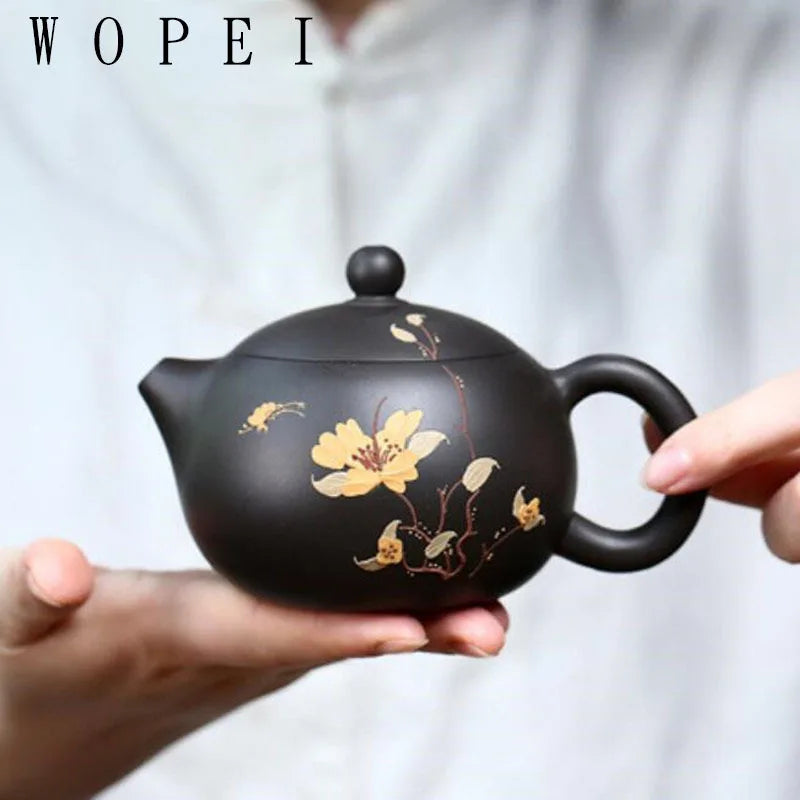 260ml Yixing Purple Clay Teapot Master Handmade Flower Pattern Xishi Tea Pot Raw Ore Black Mud Kettle Chinese Zisha Tea Set Gift