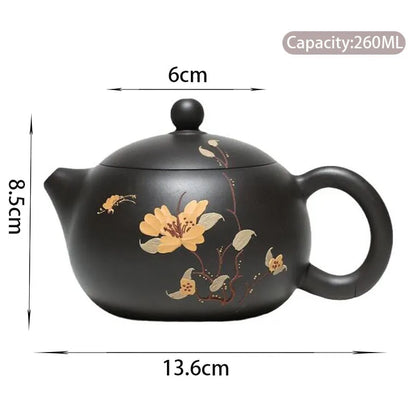 260ml Yixing Purple Clay Teapot Master Handmade Flower Pattern Xishi Tea Pot Raw Ore Black Mud Kettle Chinese Zisha Tea Set Gift