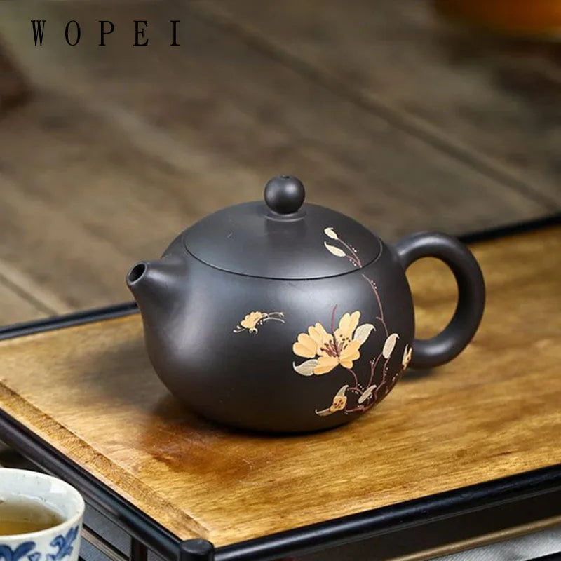260ml Yixing Purple Clay Teapot Master Handmade Flower Pattern Xishi Tea Pot Raw Ore Black Mud Kettle Chinese Zisha Tea Set Gift